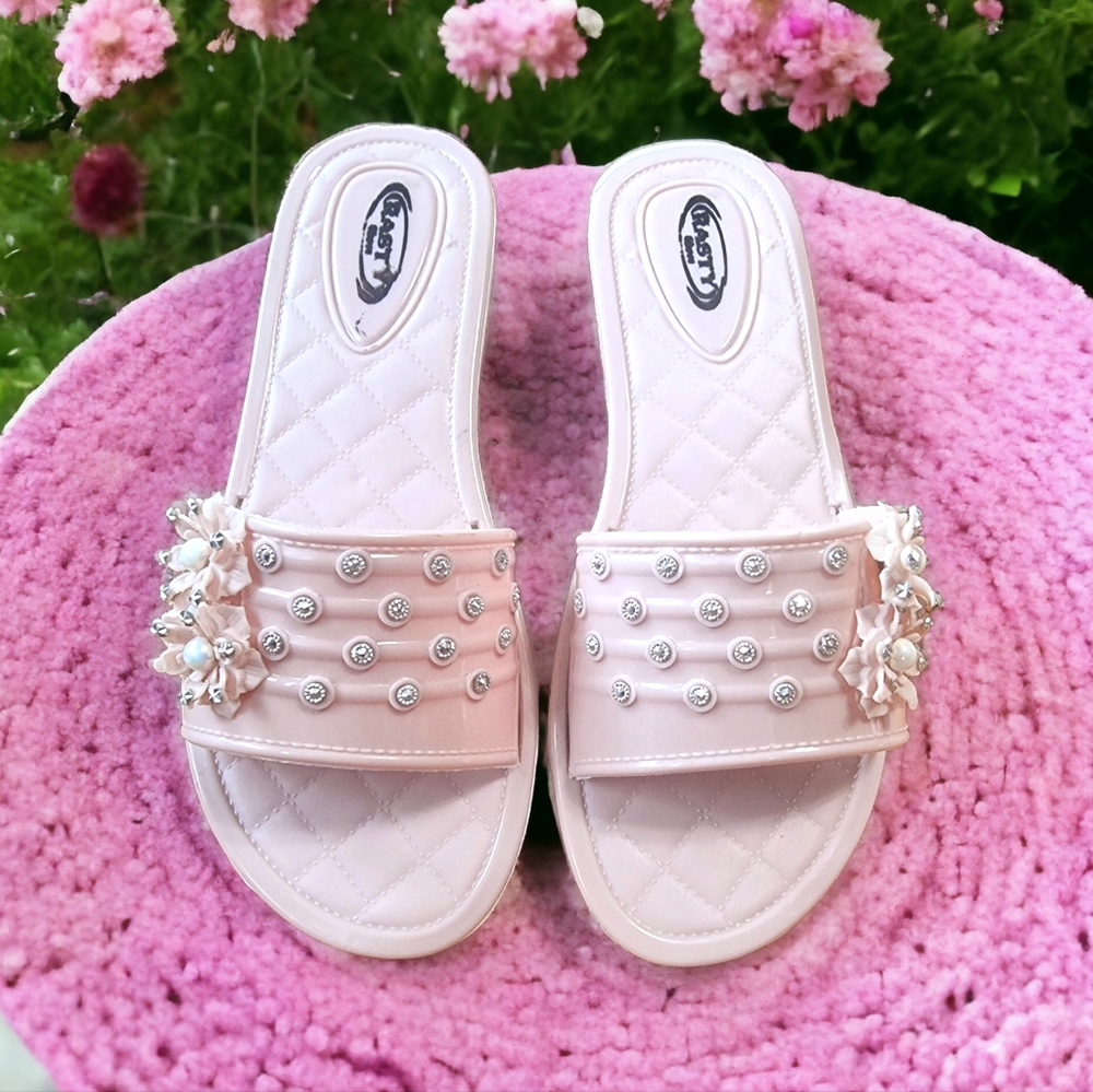 Ladies Light Pink Rubber Slides with Bling